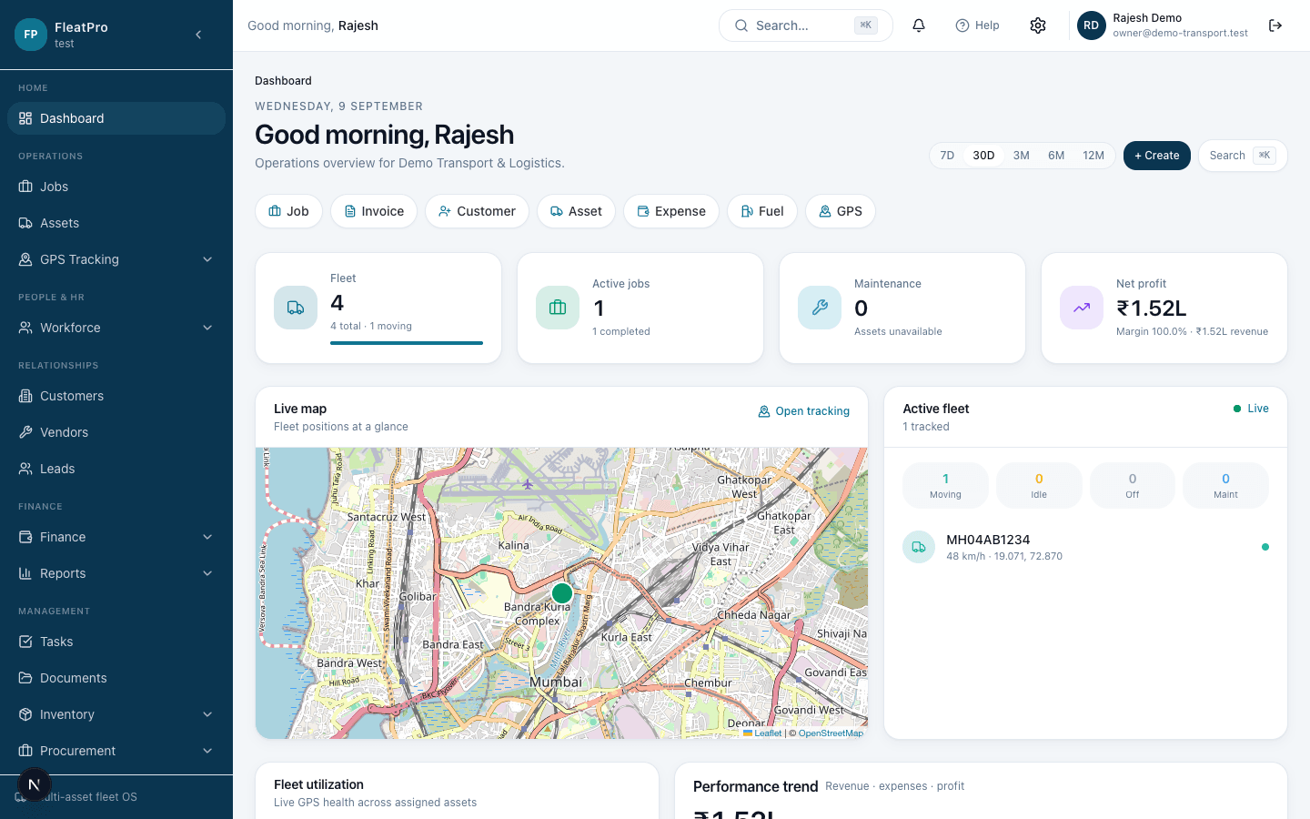 TransitMesh dashboard from demo company